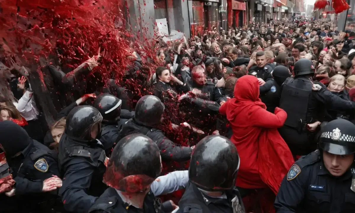 A chaotic scene of urban life depicts violence and distress