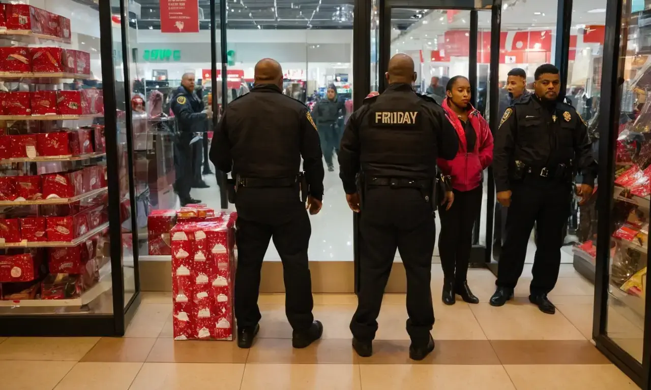 Security personnel ensure customer safety during Black Friday shopping frenzy